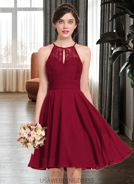 Annie A-Line Scoop Neck Knee-Length Chiffon Lace Bridesmaid Dress With Ruffle Bow(s) DSP0013012