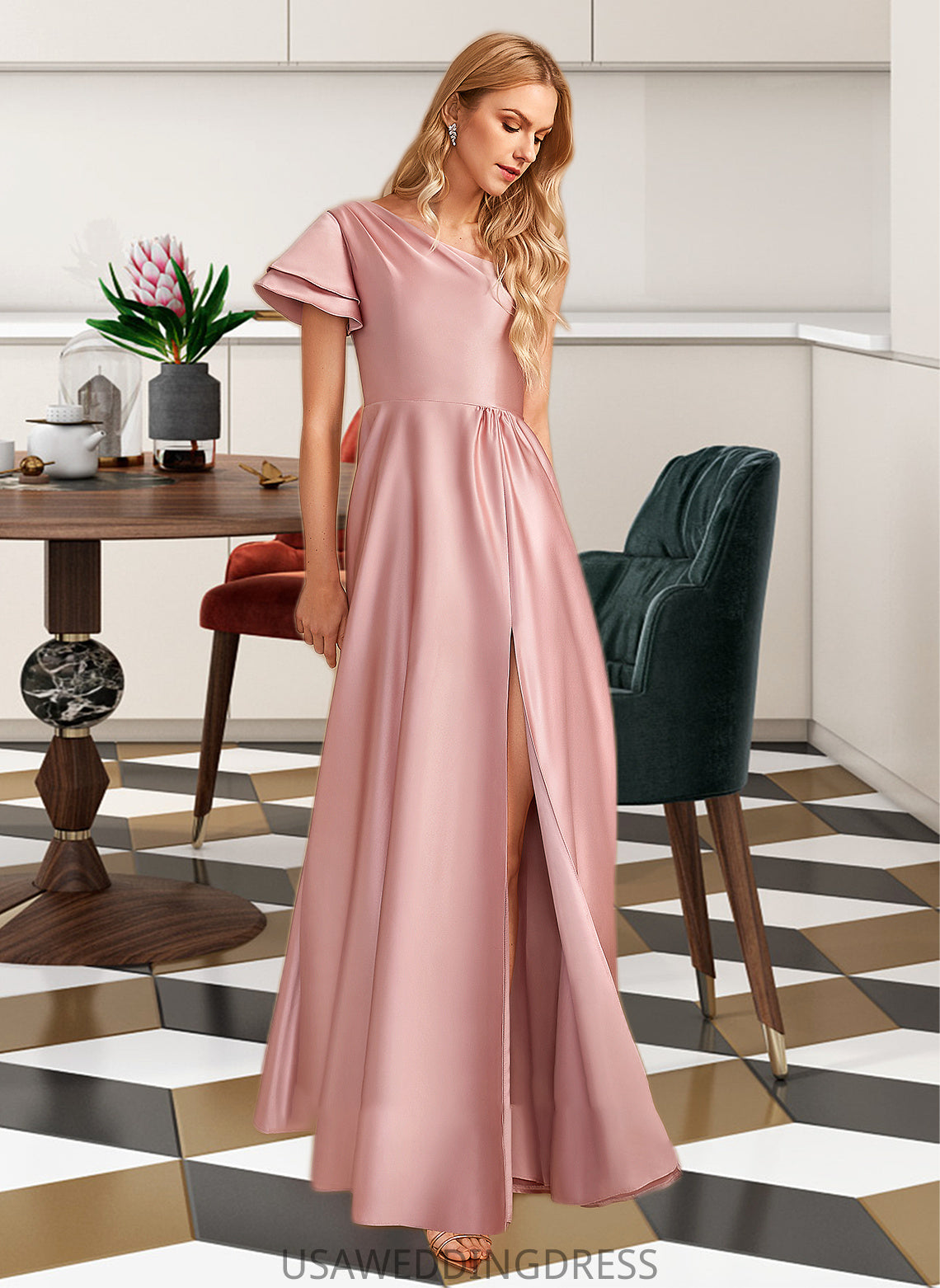 Lois A-Line One-Shoulder Floor-Length Bridesmaid Dress With Split Front DSP0013013