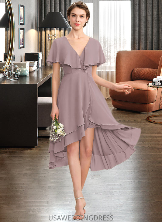 Lana A-line V-Neck Asymmetrical Chiffon Bridesmaid Dress With Cascading Ruffles DSP0013019