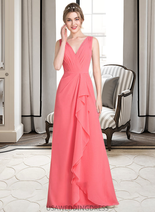 Janice A-line V-Neck Floor-Length Chiffon Bridesmaid Dress With Cascading Ruffles DSP0013021