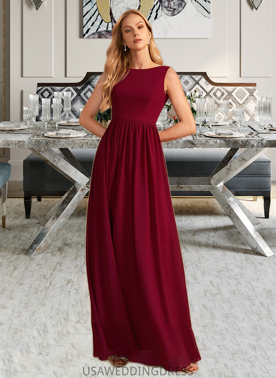 Ellen A-Line High Neck Floor-Length Bridesmaid Dress With Bow(s) DSP0013022