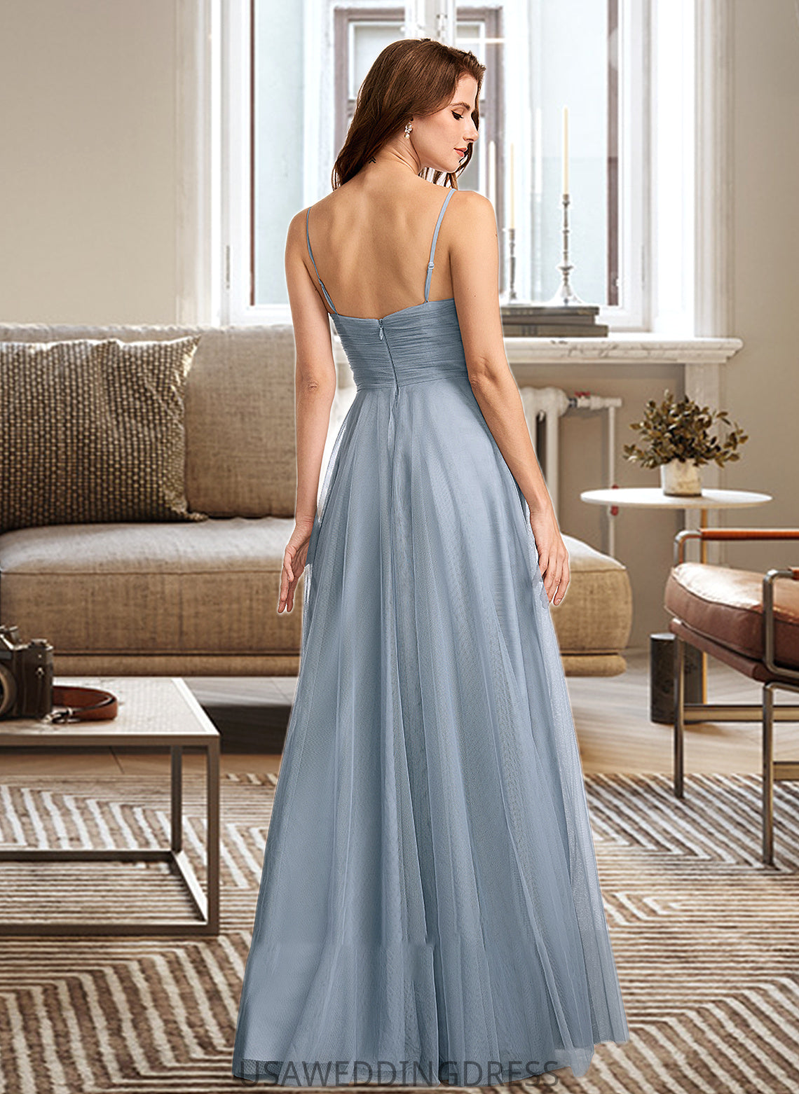 Azul A-Line V-neck Floor-Length Bridesmaid Dress With Lace DSP0013030