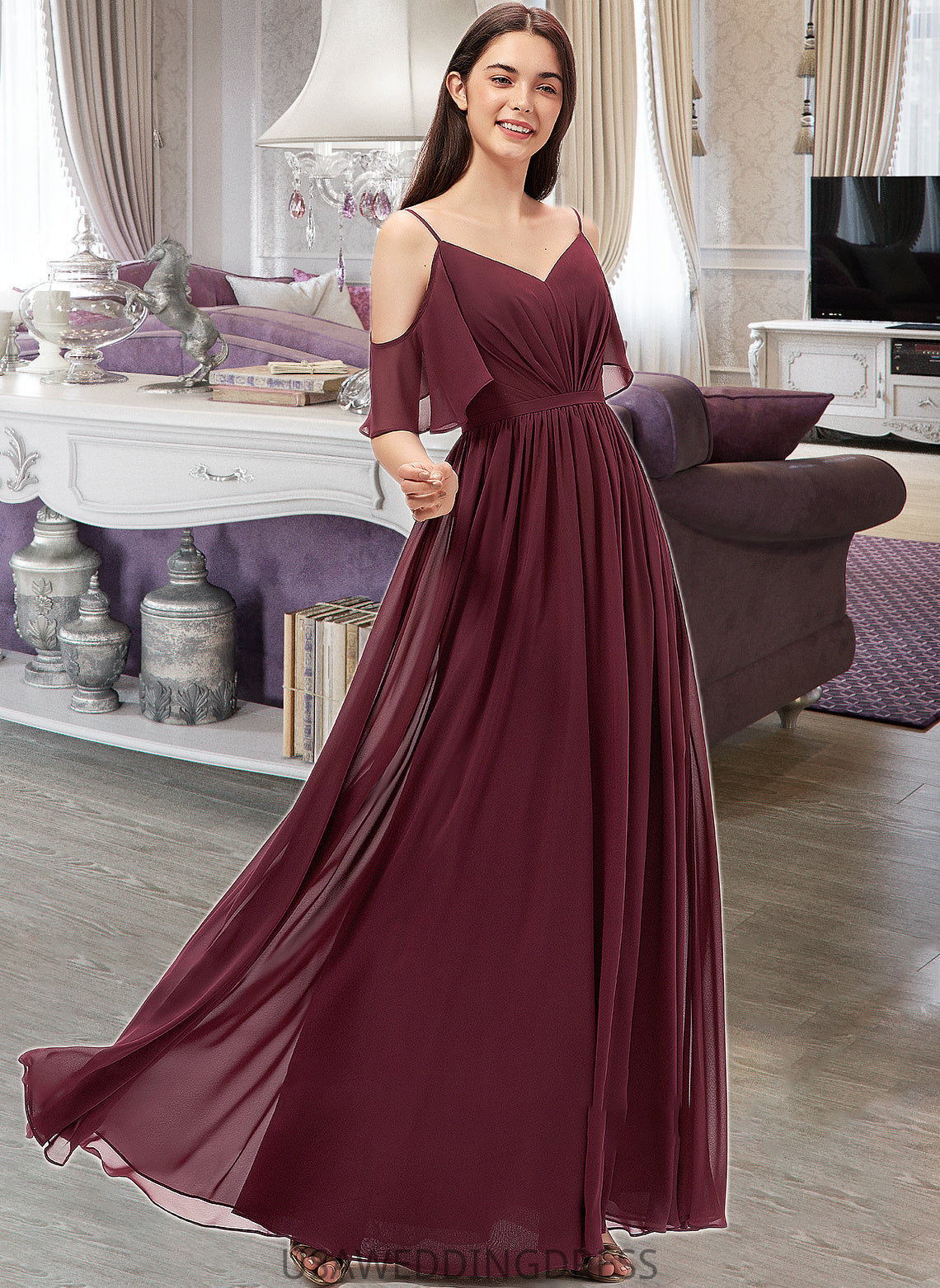 Amaris A-line V-Neck Floor-Length Chiffon Bridesmaid Dress With Ruffle DSP0013031