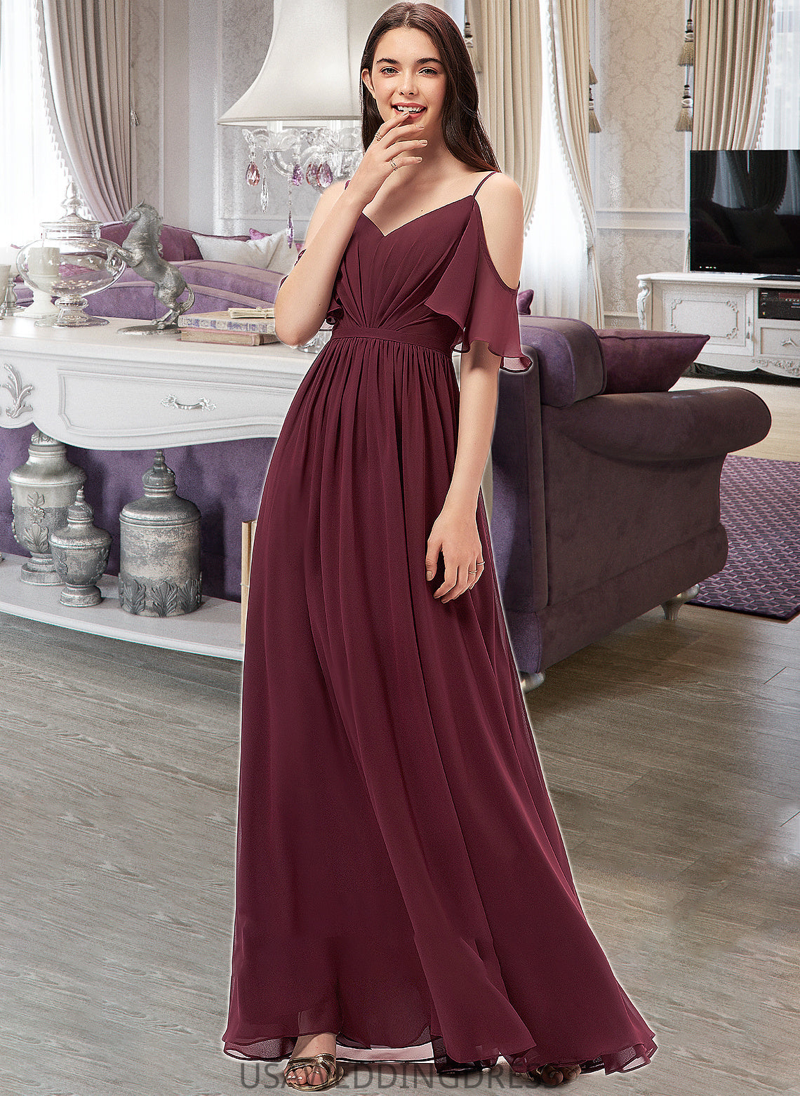 Amaris A-line V-Neck Floor-Length Chiffon Bridesmaid Dress With Ruffle DSP0013031