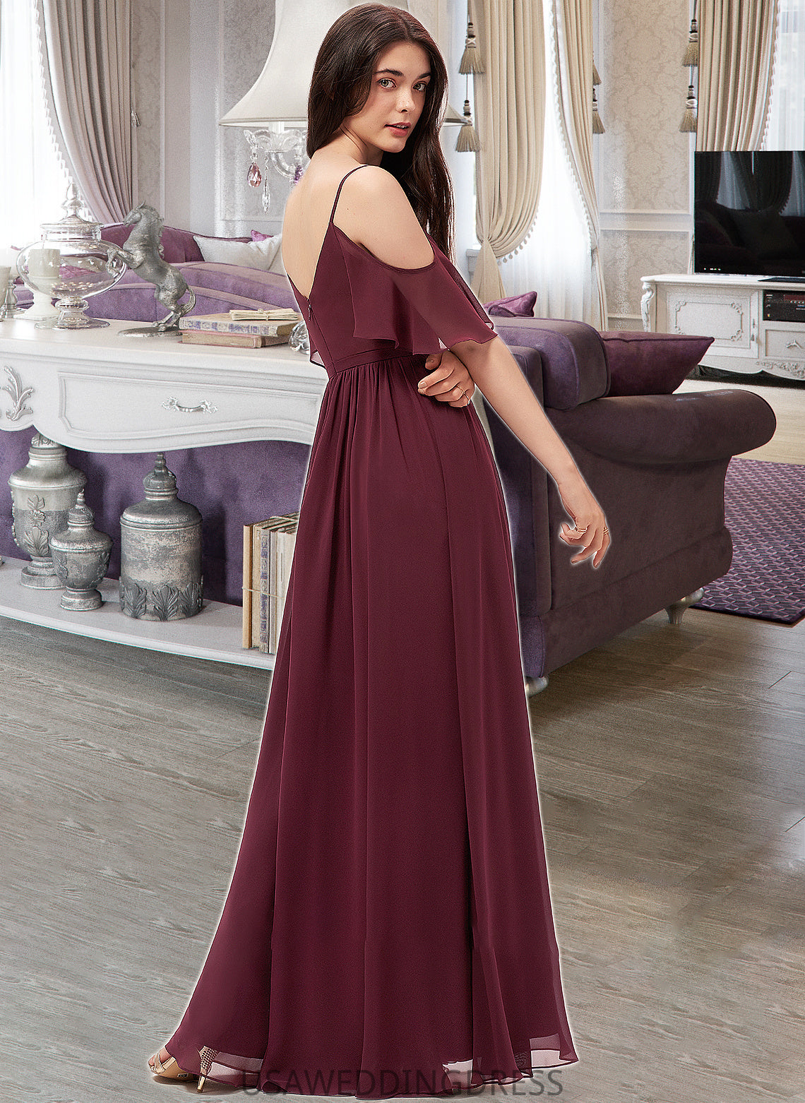 Amaris A-line V-Neck Floor-Length Chiffon Bridesmaid Dress With Ruffle DSP0013031