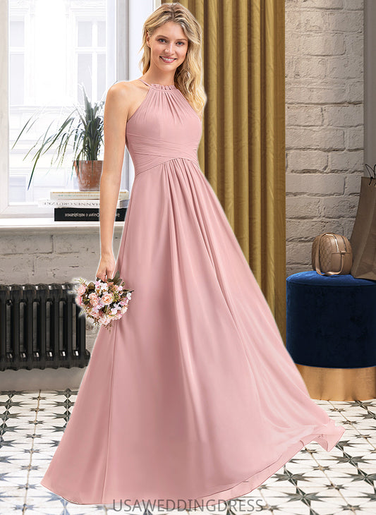 Yvonne A-Line Scoop Neck Floor-Length Chiffon Bridesmaid Dress With Bow(s) Cascading Ruffles DSP0013033