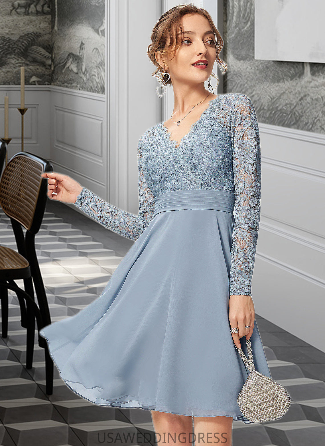 Eliana A-line V-Neck Knee-Length Chiffon Lace Bridesmaid Dress DSP0013042