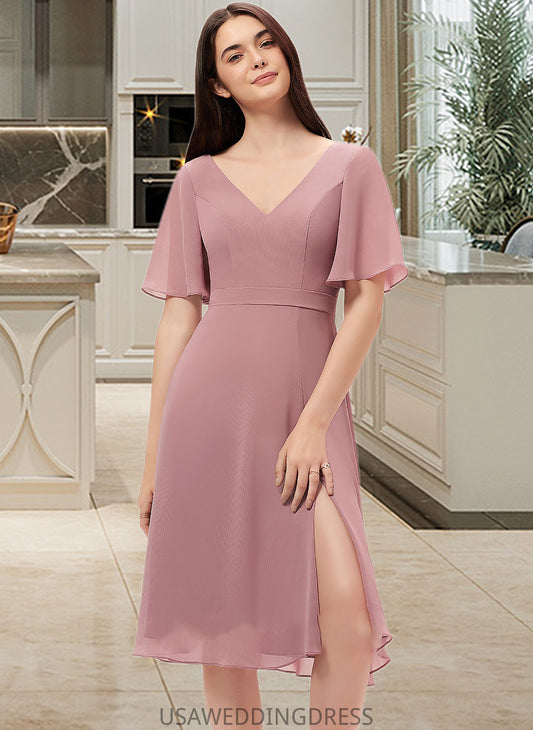 Audrina A-Line V-neck Knee-Length Chiffon Bridesmaid Dress With Split Front DSP0013044