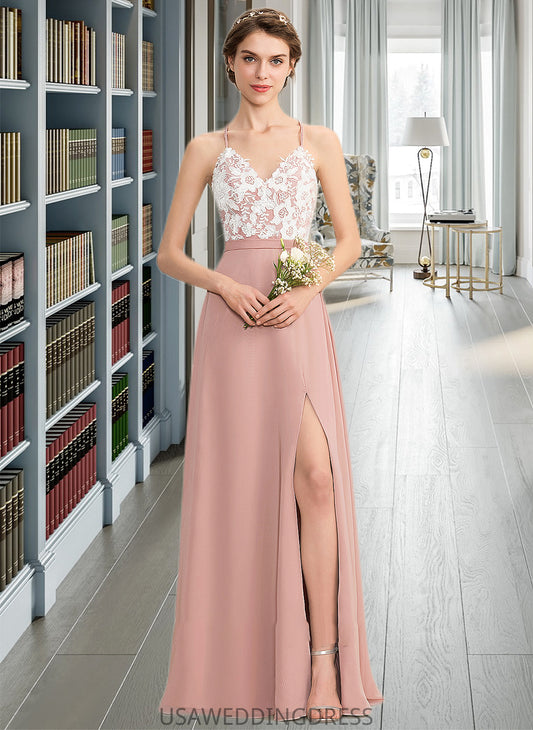 Isabelle A-Line V-neck Floor-Length Chiffon Lace Bridesmaid Dress With Split Front DSP0013045