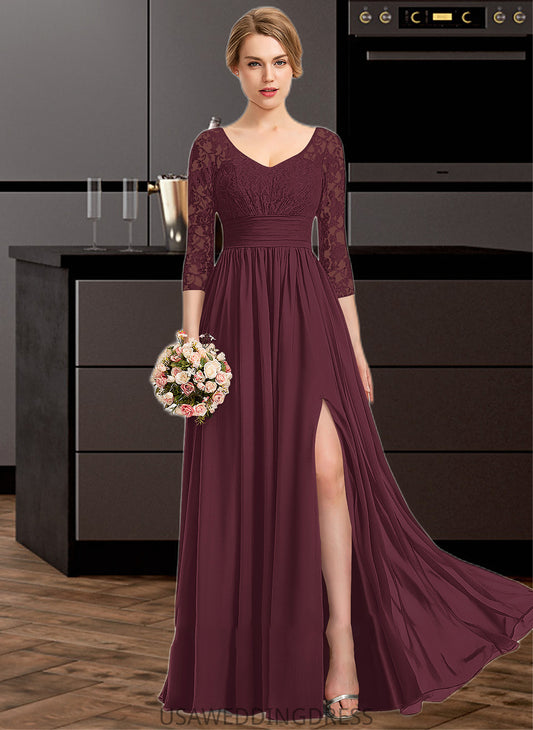 Mariela A-Line V-neck Floor-Length Chiffon Lace Bridesmaid Dress With Ruffle Split Front DSP0013051