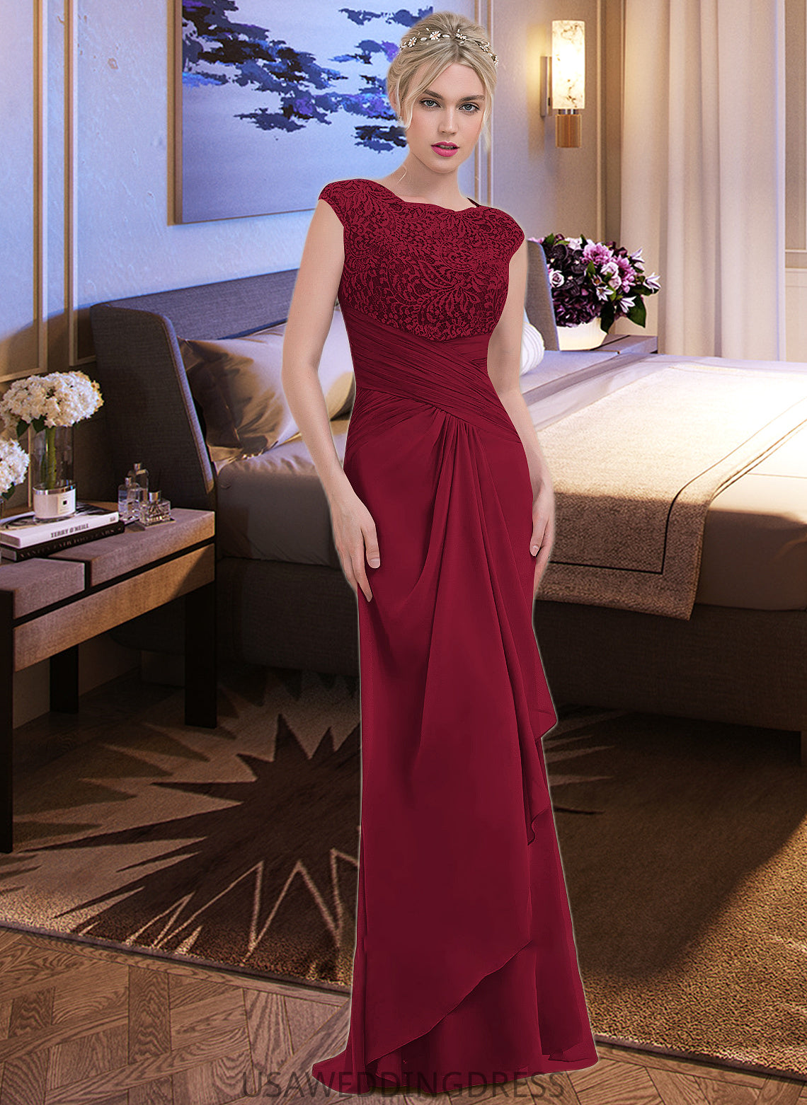 Deborah Sheath/Column Scoop Neck Floor-Length Chiffon Lace Bridesmaid Dress With Cascading Ruffles DSP0013057