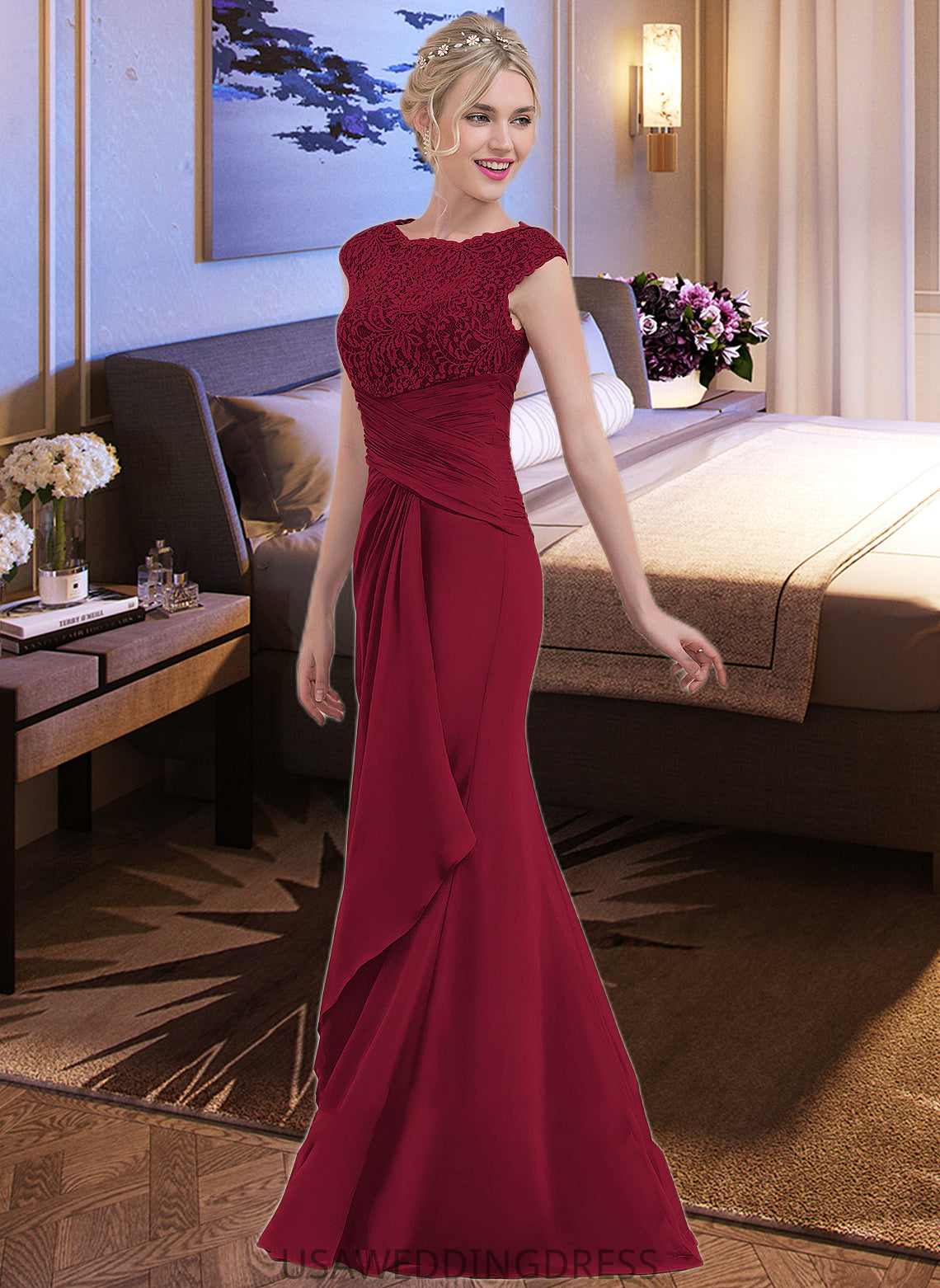 Deborah Sheath/Column Scoop Neck Floor-Length Chiffon Lace Bridesmaid Dress With Cascading Ruffles DSP0013057