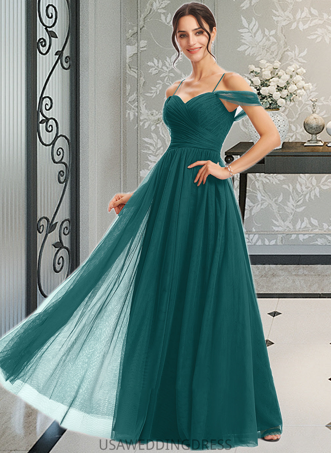 Jaslene A-Line V-neck Floor-Length Bridesmaid Dress With Ruffle DSP0013072