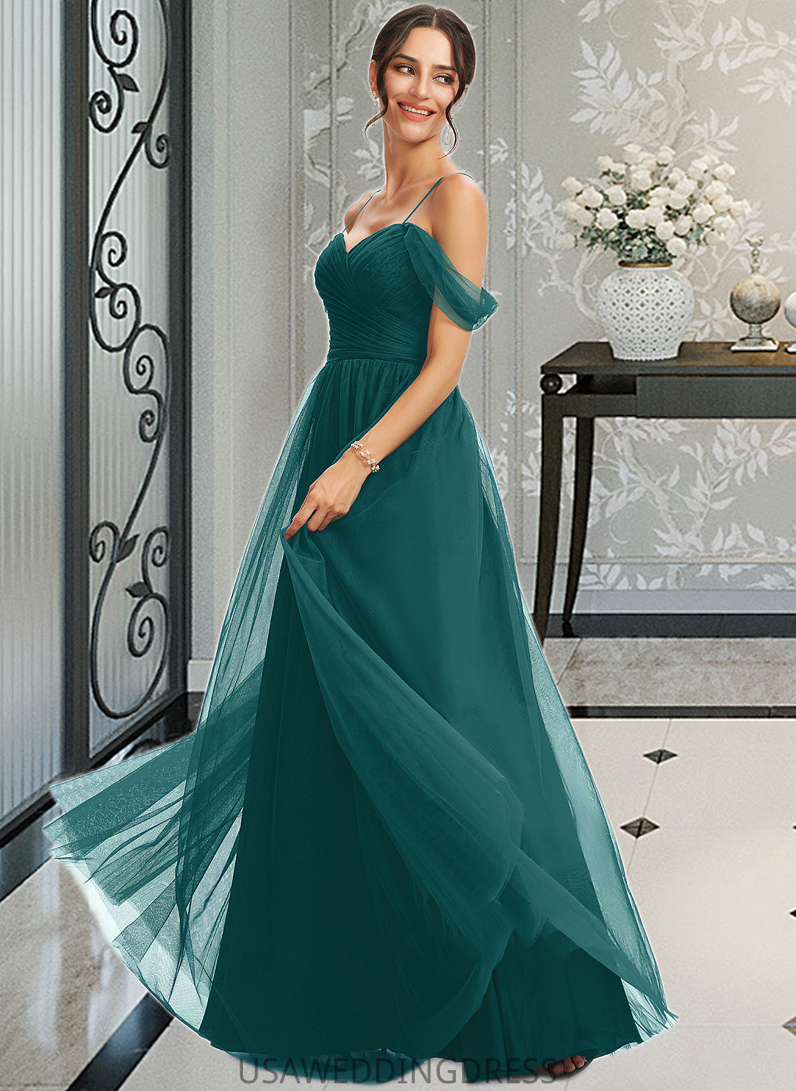 Jaslene A-Line V-neck Floor-Length Bridesmaid Dress With Ruffle DSP0013072