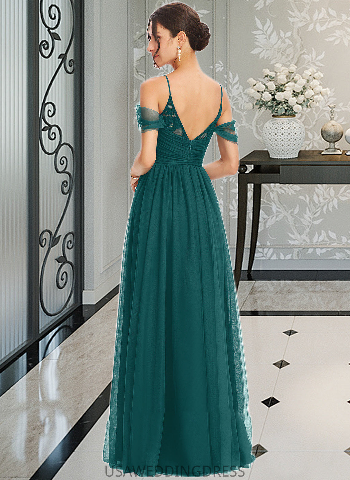 Jaslene A-Line V-neck Floor-Length Bridesmaid Dress With Ruffle DSP0013072