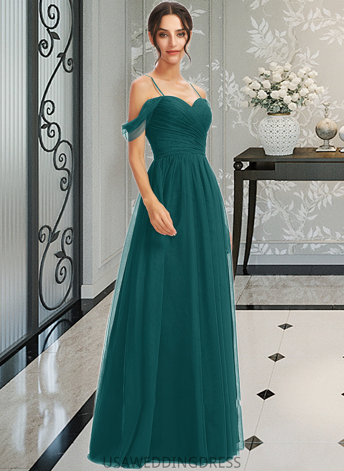 Jaslene A-Line V-neck Floor-Length Bridesmaid Dress With Ruffle DSP0013072