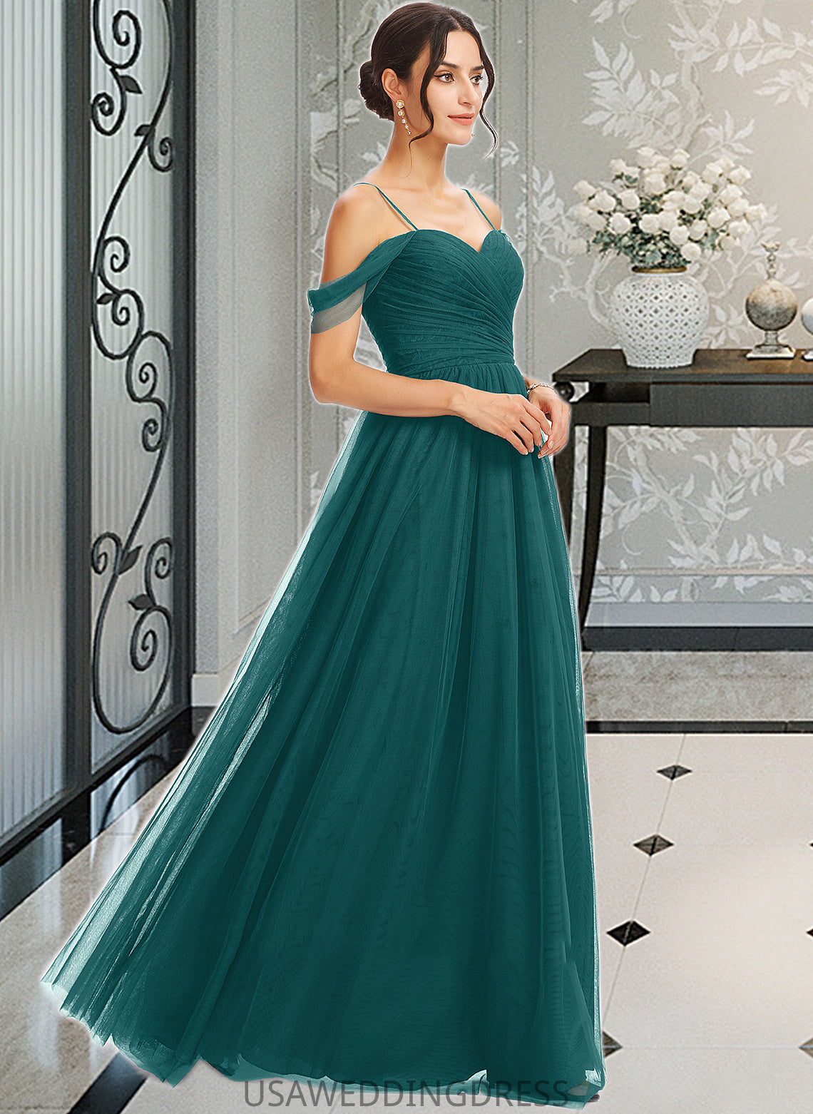 Jaslene A-Line V-neck Floor-Length Bridesmaid Dress With Ruffle DSP0013072