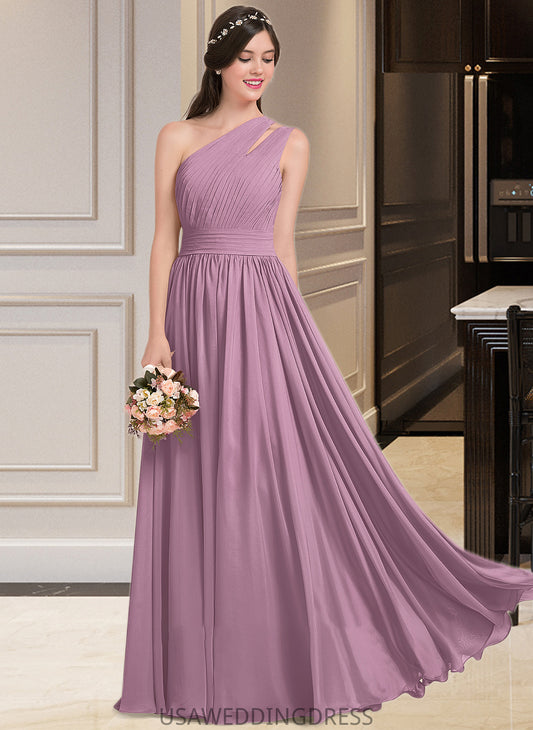 Kaleigh A-line One Shoulder Floor-Length Chiffon Bridesmaid Dress With Ruffle DSP0013080