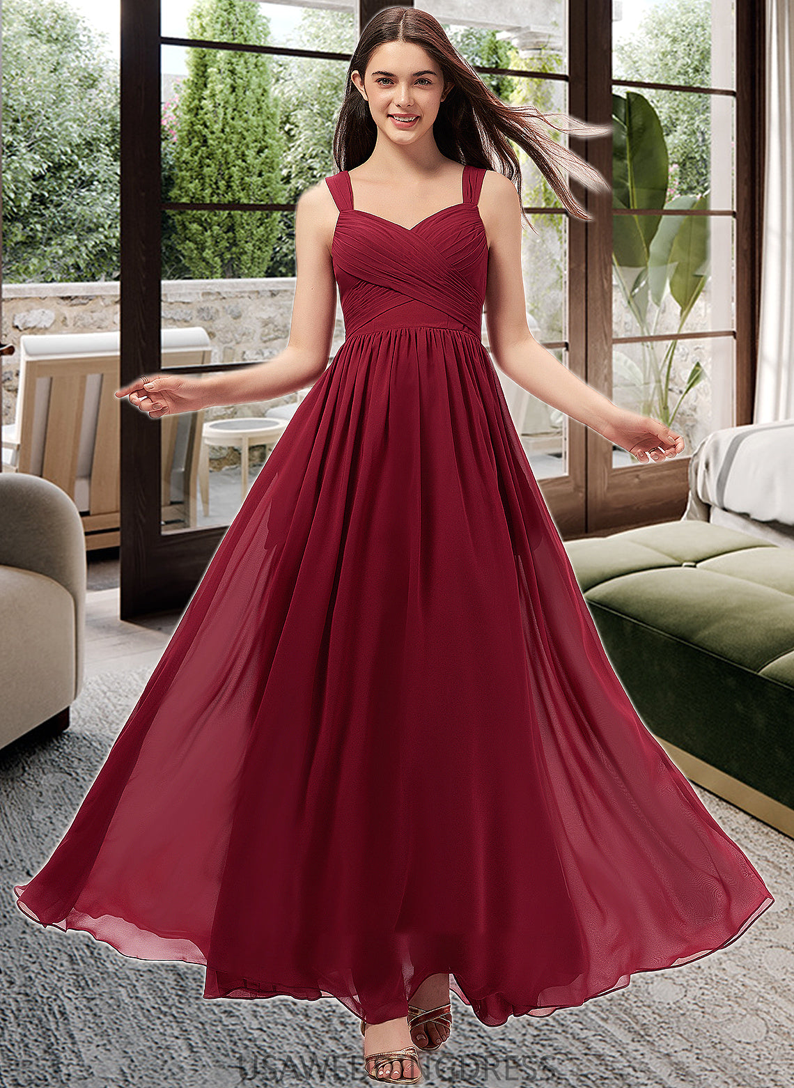 Tabitha A-Line Sweetheart Floor-Length Chiffon Bridesmaid Dress With Ruffle Pockets DSP0013087