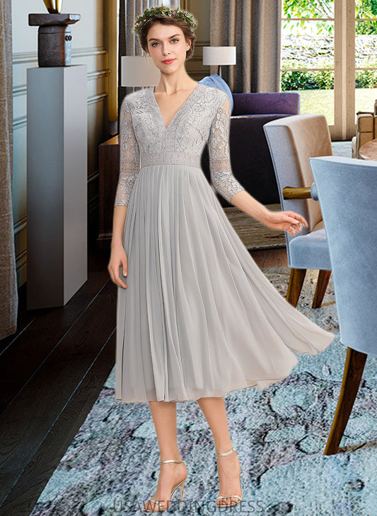 Miriam A-Line V-neck Tea-Length Chiffon Lace Bridesmaid Dress With Pleated DSP0013088