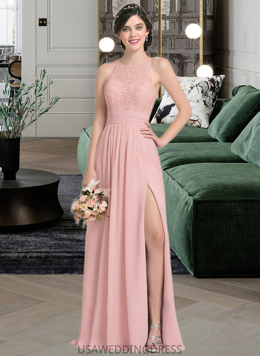 Yaretzi A-Line Scoop Neck Floor-Length Chiffon Lace Bridesmaid Dress With Ruffle Split Front DSP0013089