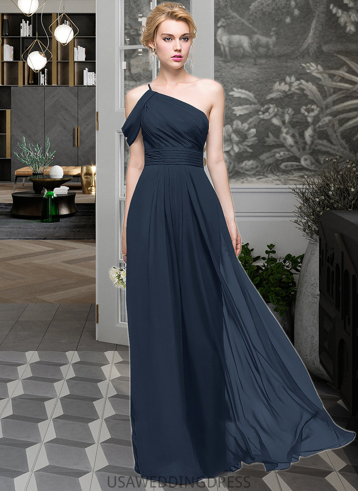 Cameron A-line One Shoulder Floor-Length Chiffon Bridesmaid Dress With Ruffle DSP0013091