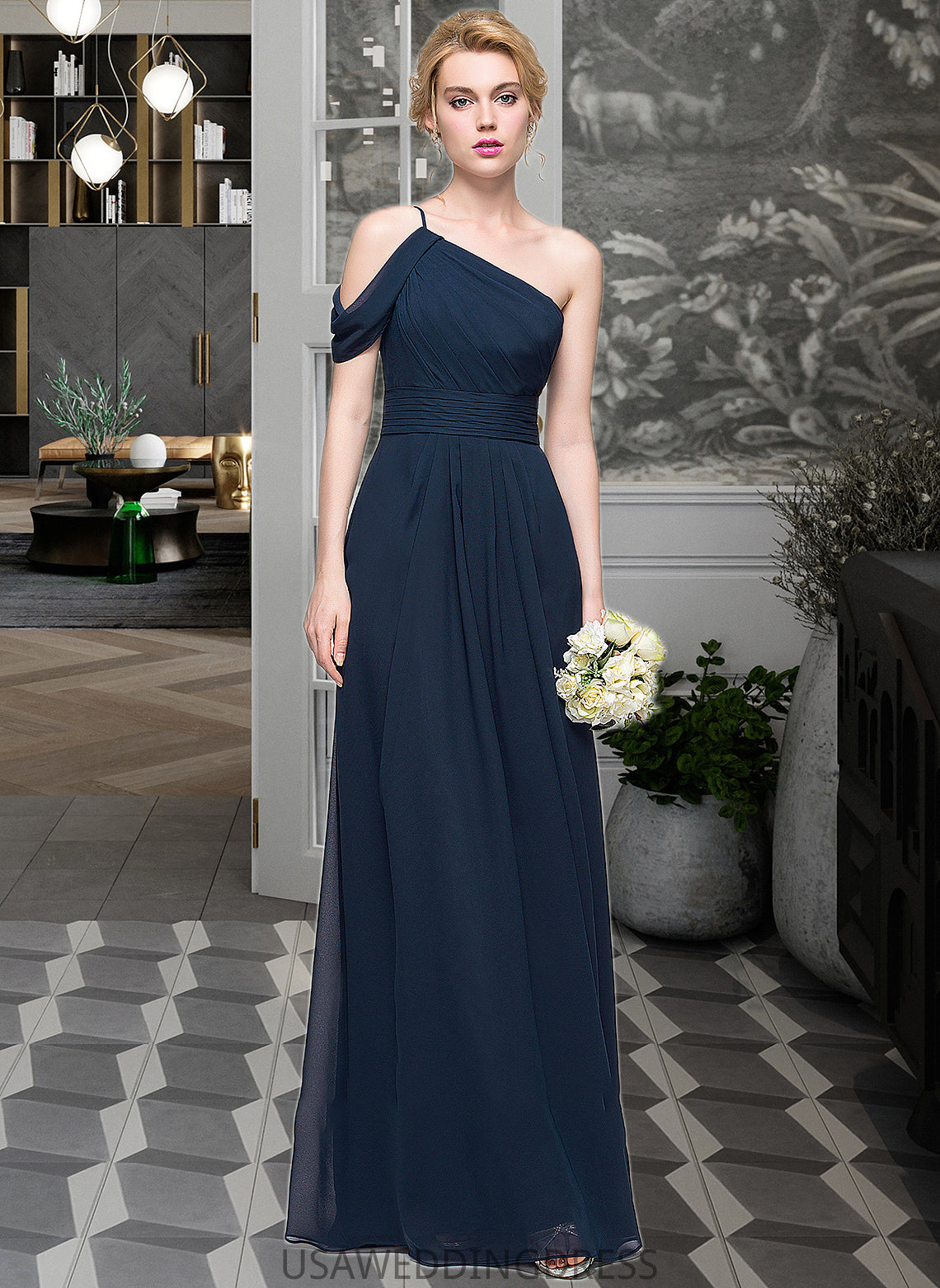 Cameron A-line One Shoulder Floor-Length Chiffon Bridesmaid Dress With Ruffle DSP0013091