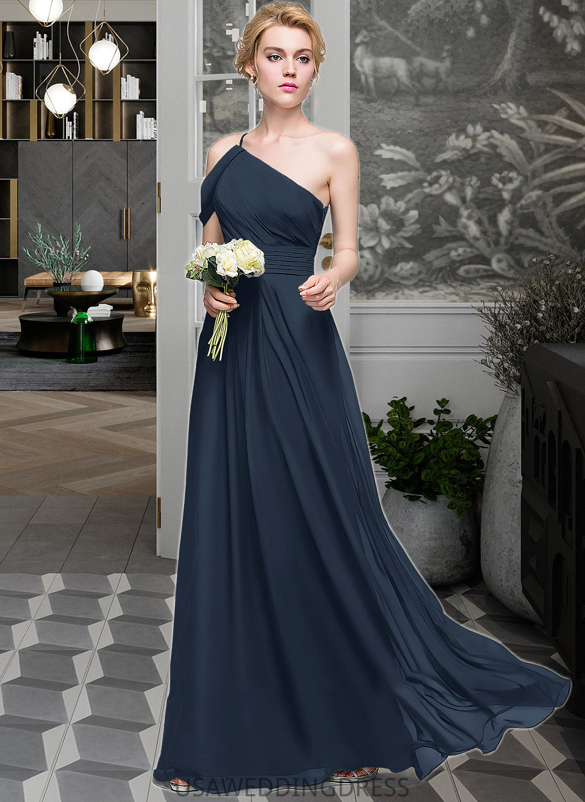 Cameron A-line One Shoulder Floor-Length Chiffon Bridesmaid Dress With Ruffle DSP0013091