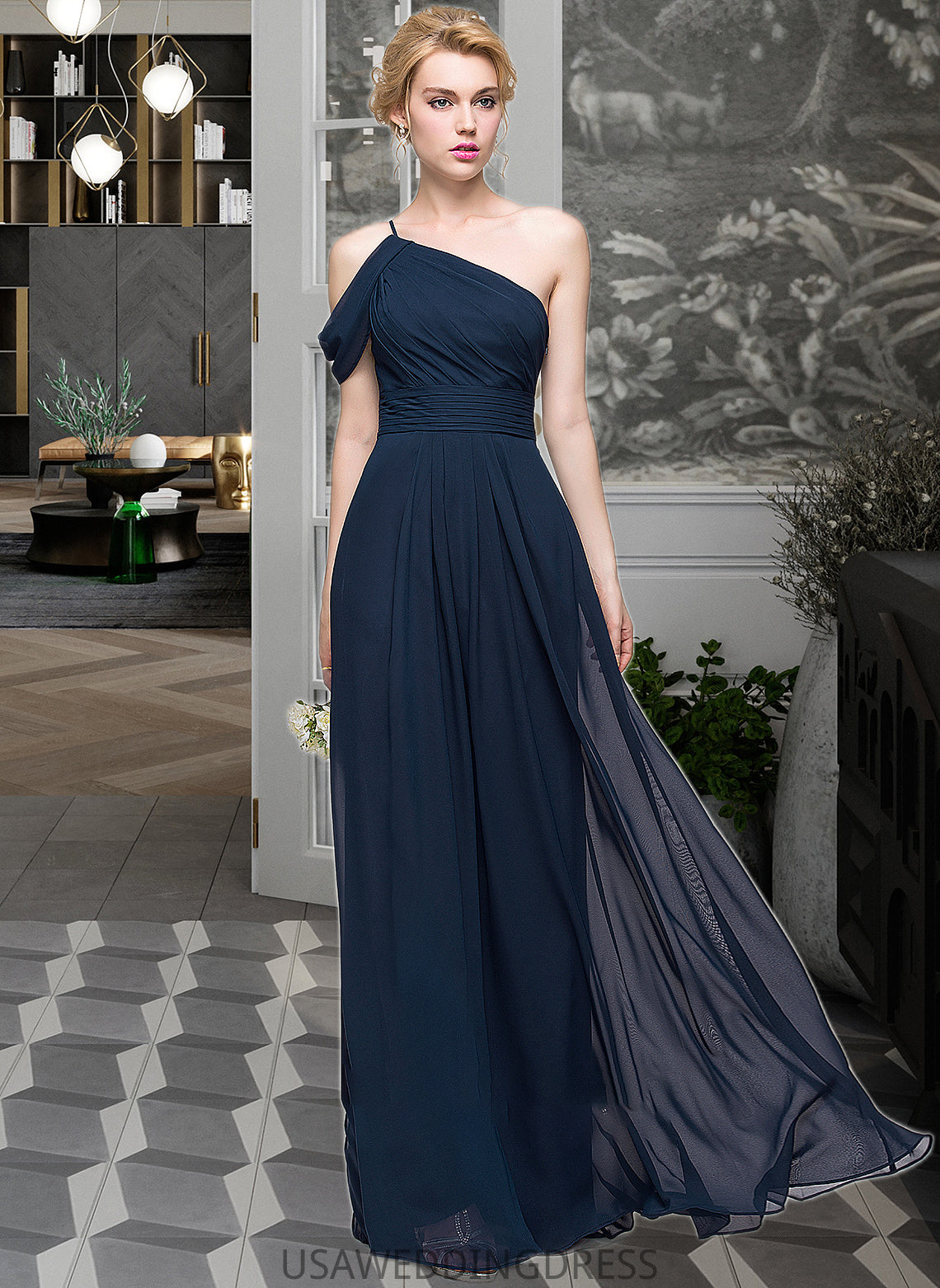 Cameron A-line One Shoulder Floor-Length Chiffon Bridesmaid Dress With Ruffle DSP0013091