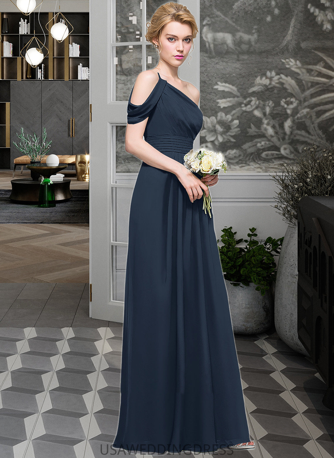 Cameron A-line One Shoulder Floor-Length Chiffon Bridesmaid Dress With Ruffle DSP0013091