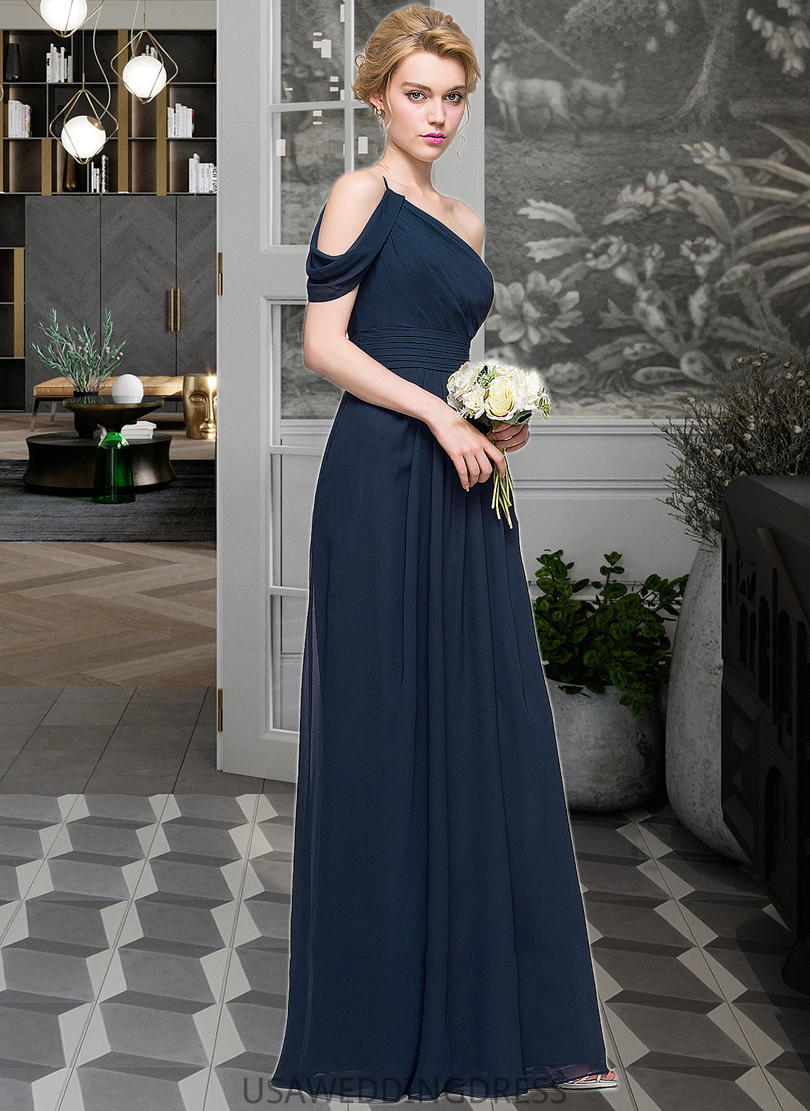 Cameron A-line One Shoulder Floor-Length Chiffon Bridesmaid Dress With Ruffle DSP0013091