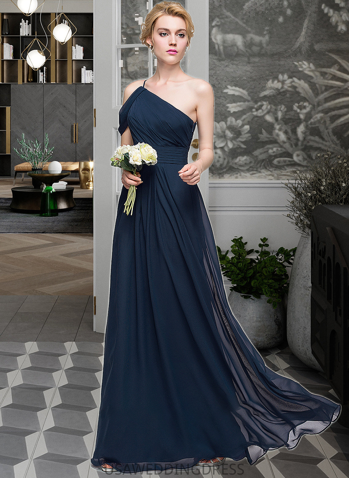 Cameron A-line One Shoulder Floor-Length Chiffon Bridesmaid Dress With Ruffle DSP0013091