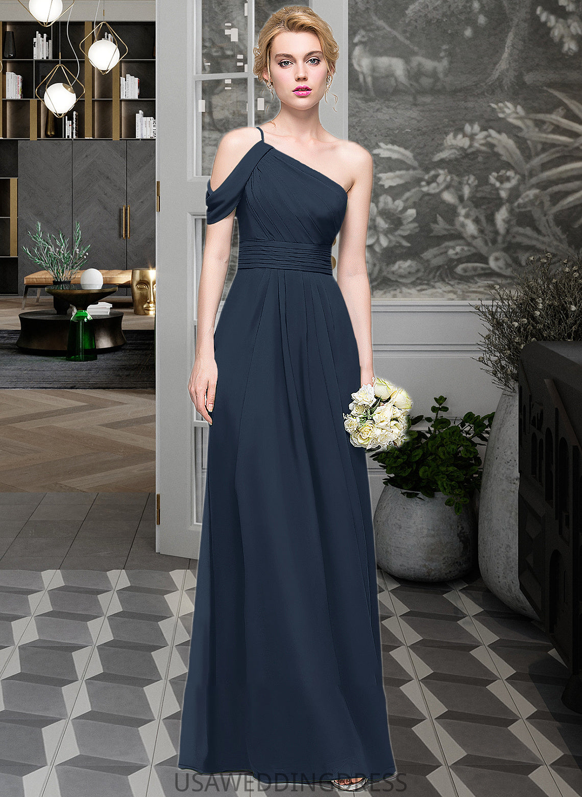 Cameron A-line One Shoulder Floor-Length Chiffon Bridesmaid Dress With Ruffle DSP0013091