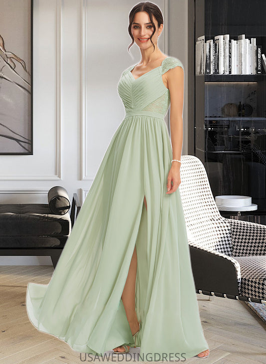 Nia A-Line V-neck Floor-Length Bridesmaid Dress With Lace Split Front DSP0013096