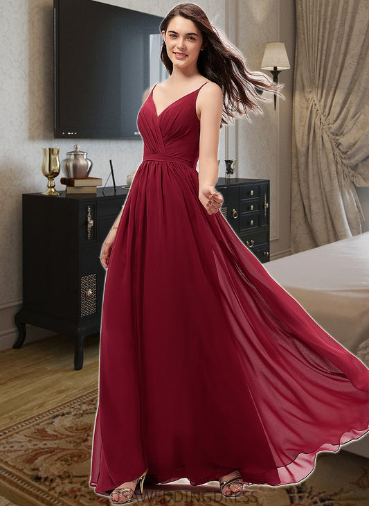 Hilda A-Line V-neck Floor-Length Chiffon Bridesmaid Dress With Ruffle Lace DSP0013098