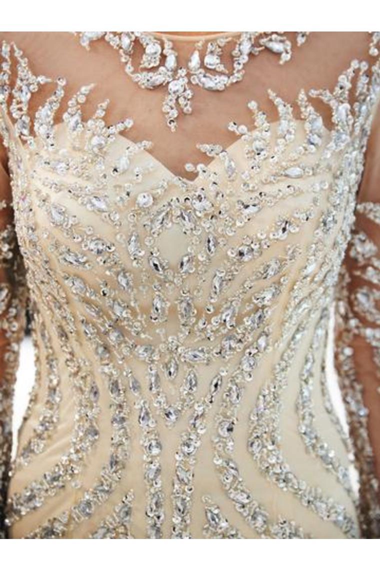 Beaded Evening Dresses Luxury Mermaid Crystal Sweep Train Long Sleeves Prom Dress