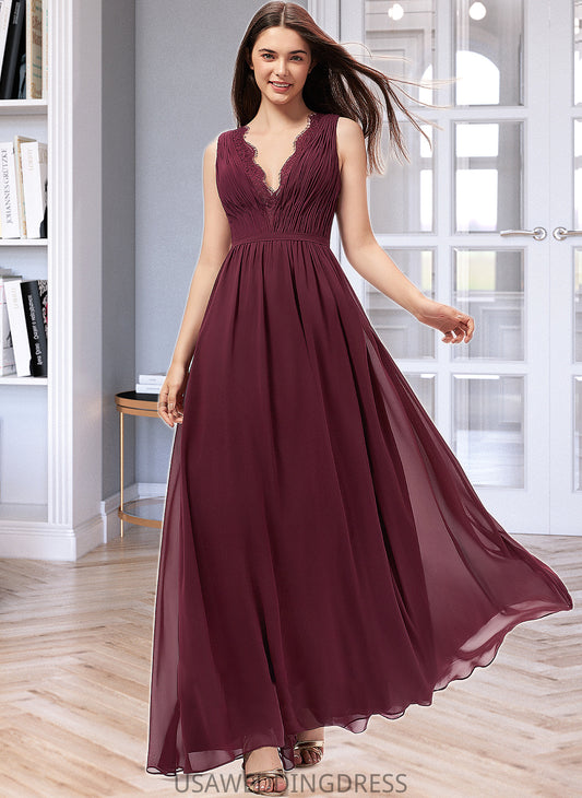 Chelsea A-Line V-neck Floor-Length Chiffon Bridesmaid Dress With Ruffle Lace DSP0013129