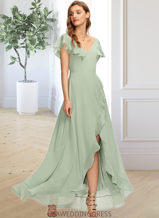 Kaylin A-Line V-neck Asymmetrical Chiffon Bridesmaid Dress With Cascading Ruffles DSP0013130