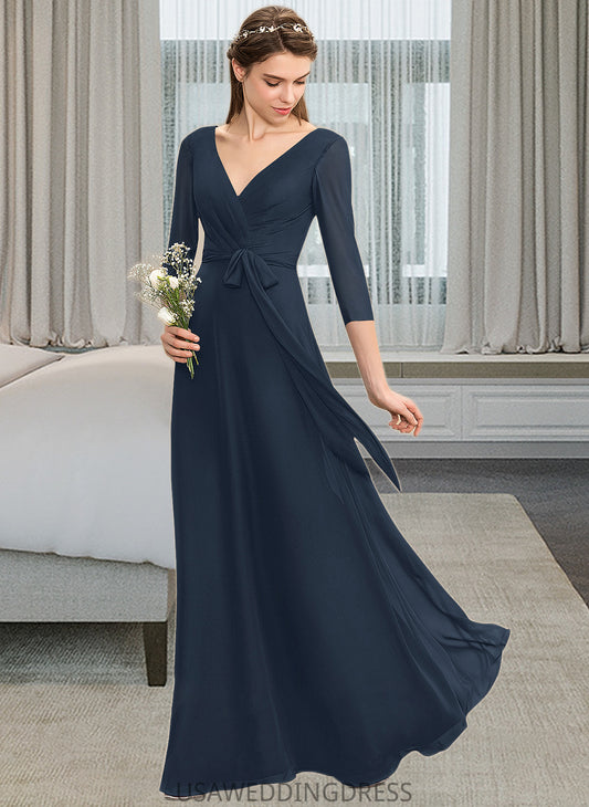 Carleigh A-Line V-neck Floor-Length Chiffon Bridesmaid Dress With Ruffle Bow(s) DSP0013132