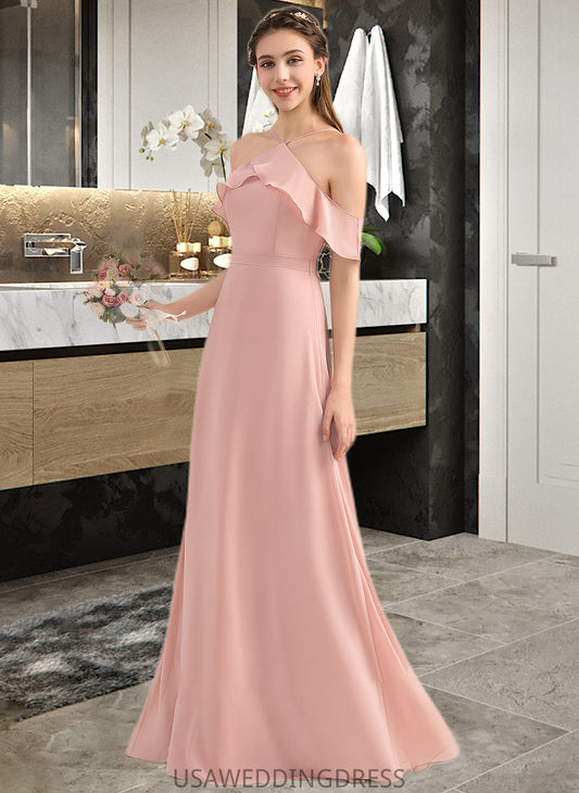 Summer A-Line V-neck Floor-Length Chiffon Bridesmaid Dress With Bow(s) Cascading Ruffles DSP0013134