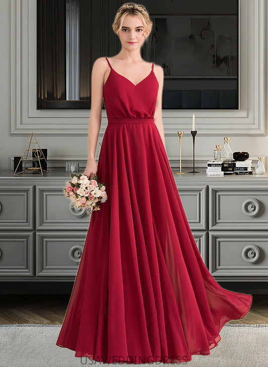 Lilly A-Line V-neck Floor-Length Chiffon Bridesmaid Dress With Bow(s) DSP0013135