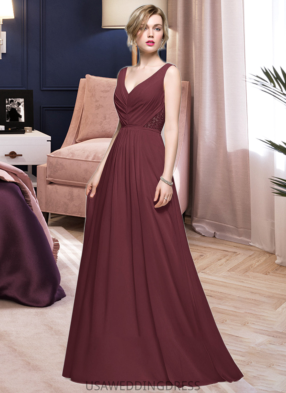 Kinsley A-Line V-neck Floor-Length Chiffon Bridesmaid Dress With Ruffle Lace Beading Sequins DSP0013136