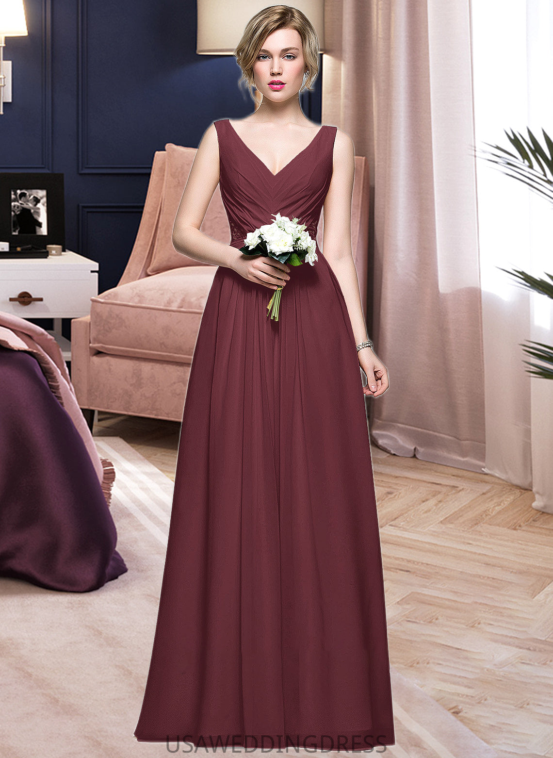 Kinsley A-Line V-neck Floor-Length Chiffon Bridesmaid Dress With Ruffle Lace Beading Sequins DSP0013136