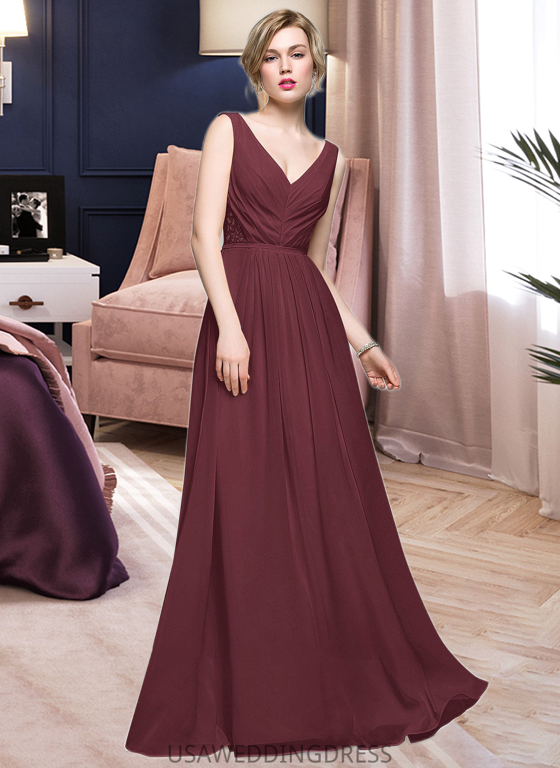 Kinsley A-Line V-neck Floor-Length Chiffon Bridesmaid Dress With Ruffle Lace Beading Sequins DSP0013136