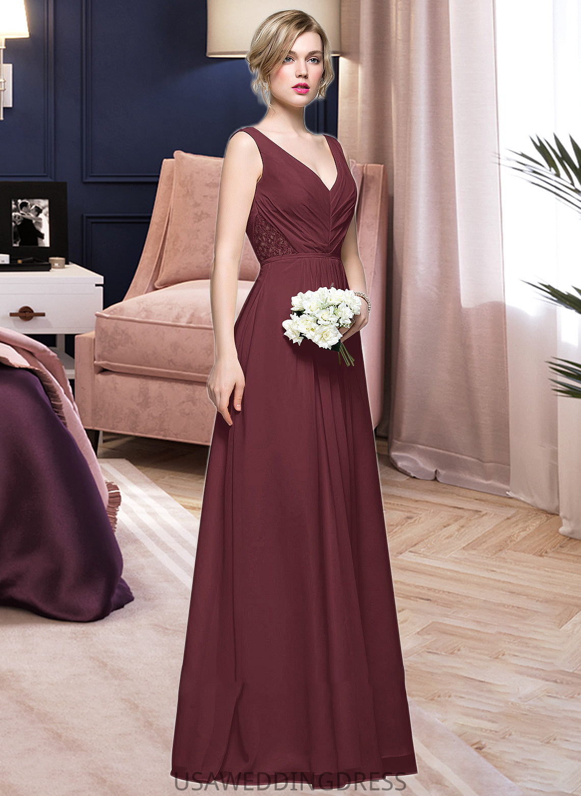 Kinsley A-Line V-neck Floor-Length Chiffon Bridesmaid Dress With Ruffle Lace Beading Sequins DSP0013136