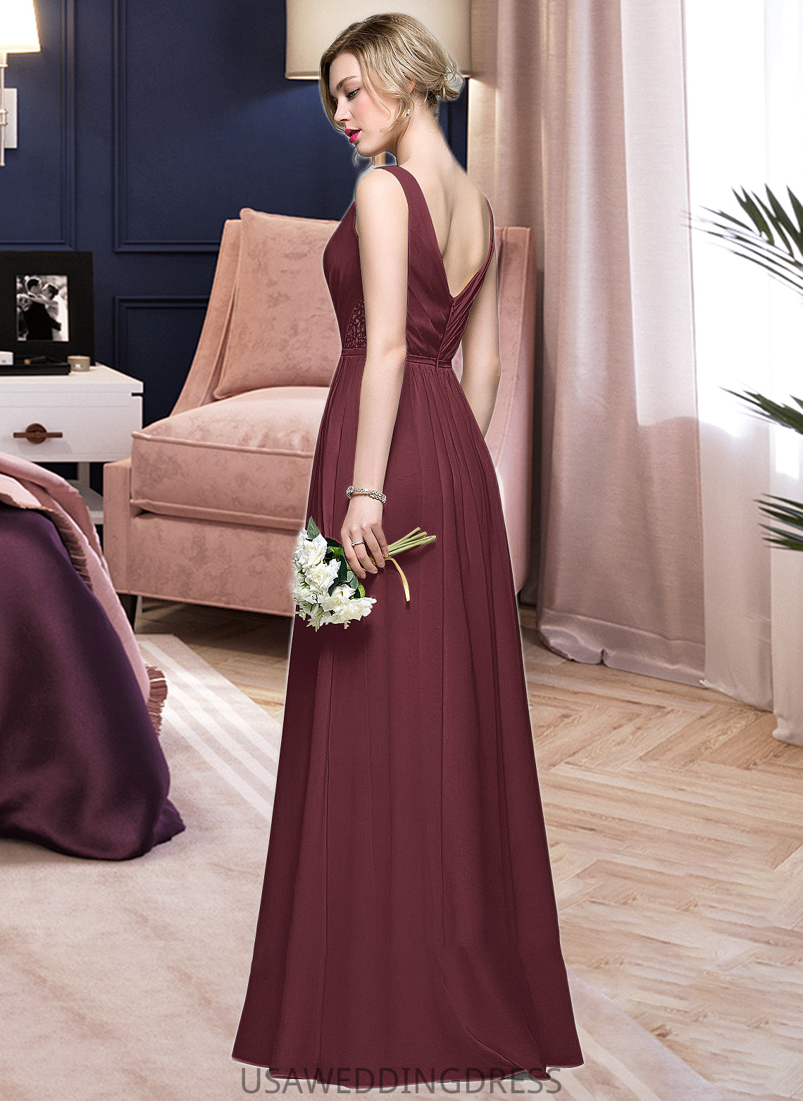 Kinsley A-Line V-neck Floor-Length Chiffon Bridesmaid Dress With Ruffle Lace Beading Sequins DSP0013136