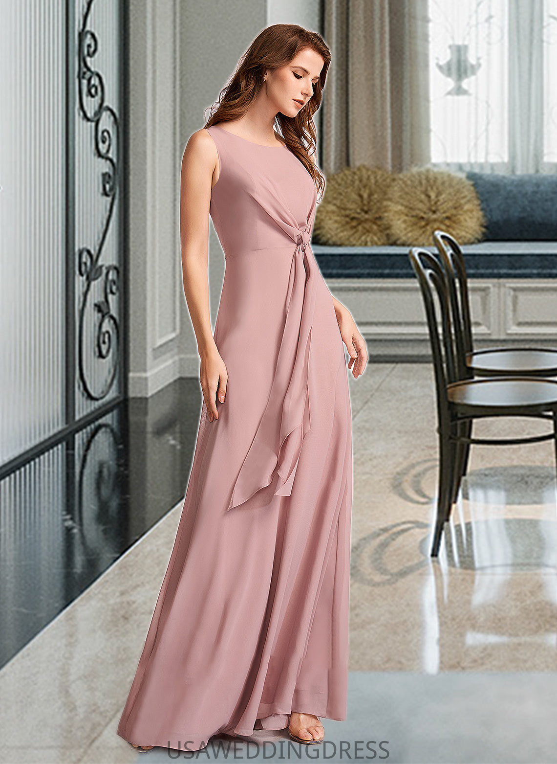 Louisa A-Line Floor-Length Bridesmaid Dress With Bow(s) DSP0013139