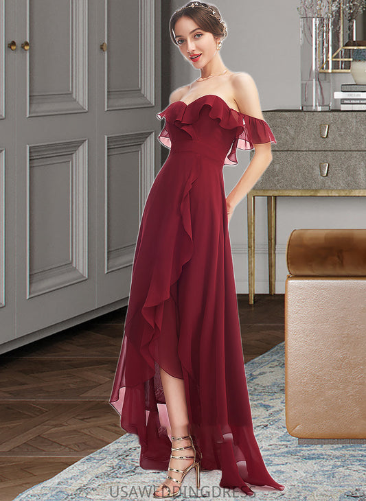 Phyllis A-Line Off-the-Shoulder Asymmetrical Bridesmaid Dress With Ruffle Split Front DSP0013141