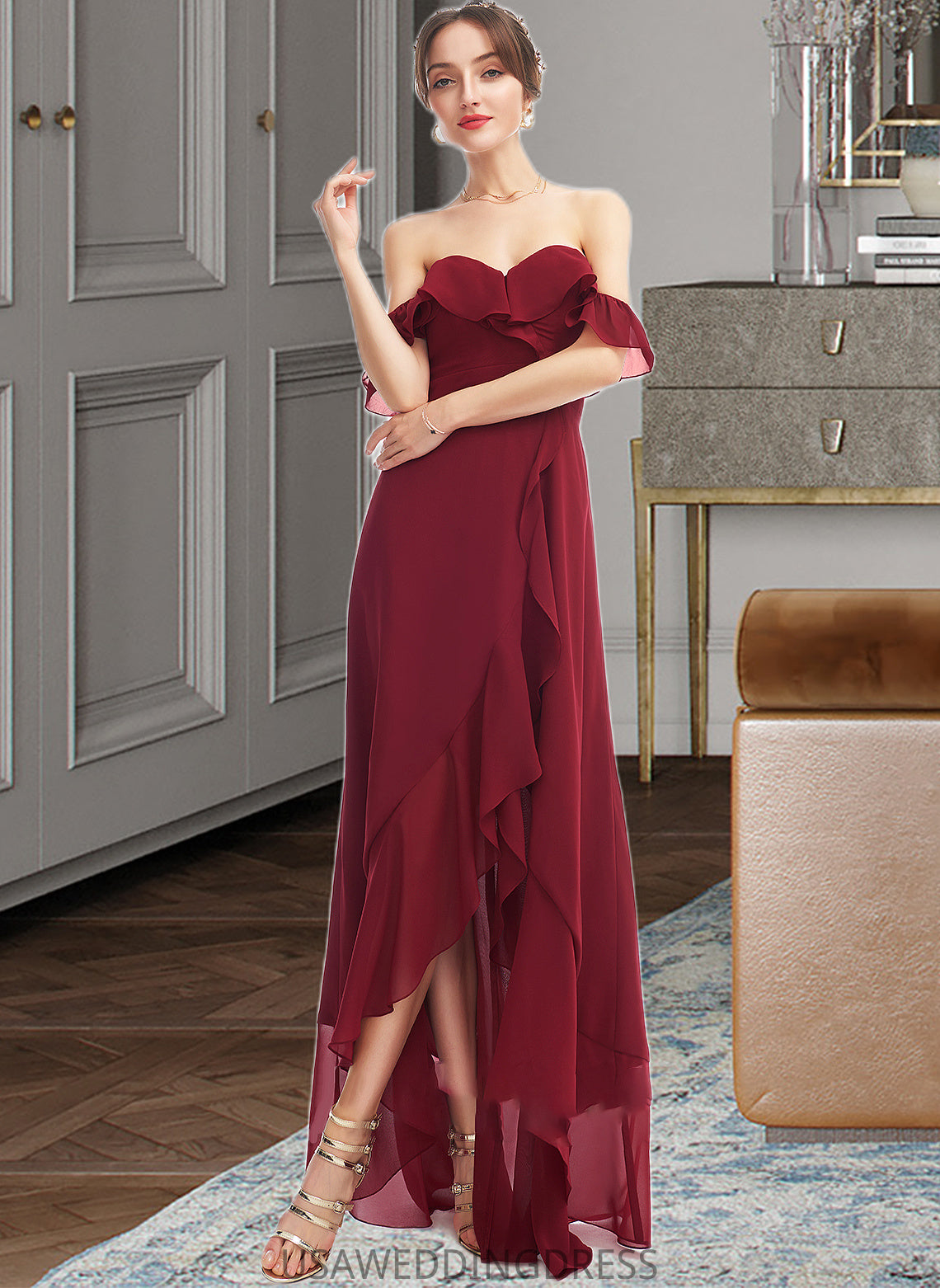 Phyllis A-Line Off-the-Shoulder Asymmetrical Bridesmaid Dress With Ruffle Split Front DSP0013141