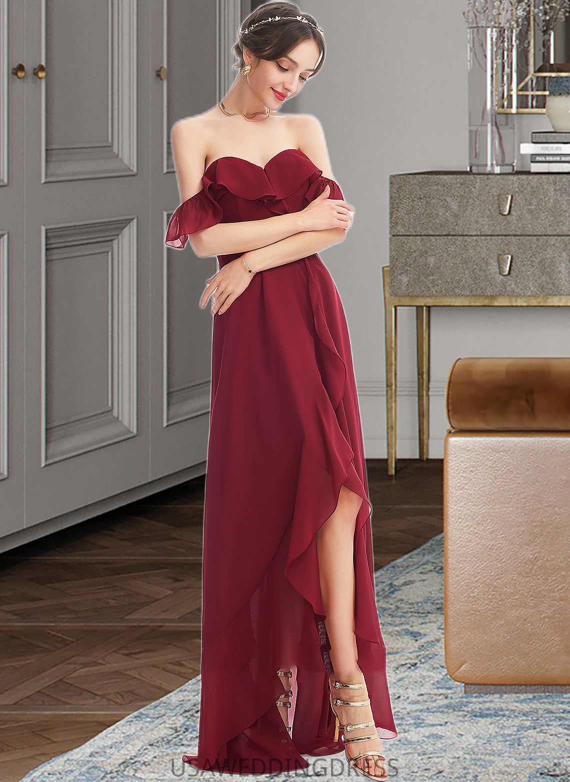 Phyllis A-Line Off-the-Shoulder Asymmetrical Bridesmaid Dress With Ruffle Split Front DSP0013141